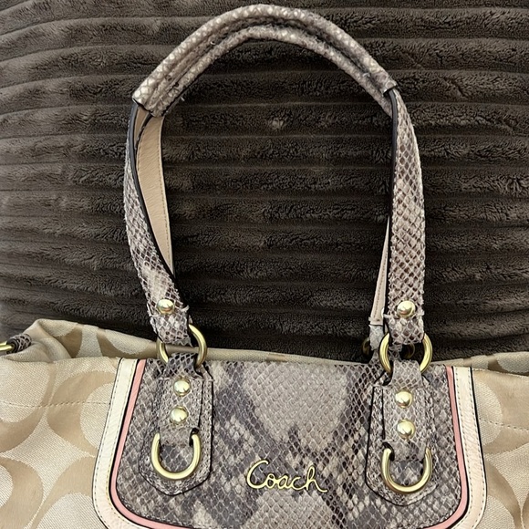 Coach Beige Signature Canvas And Python Embossed Leather Ashley Tote - Picture 10 of 16